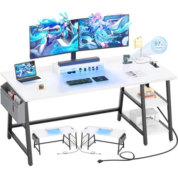 Játék Íróasztal Mozgatható Monitor Állvány, Tároló Táska Irodai Munkaállomás Gamer Pc Asztal Laptop Ágy 55 Inchwith Fények