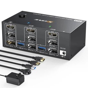 Hármas Monitorok KVM Switch ,2 Displayport + HD-MIUSB KVM Switch 8K@60Hz,4K@144 hz 3 Monitorok 2 Számítógépek KVM 4 USB 3.0 Port