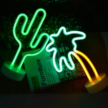 Szoba Dekoráció Flamingo Kókusz Fa Kaktusz Neon Fény Jele, LED-es Éjszakai Fény, USB Vagy az Akkumulátort asztali Lámpa Otthoni Dekoráció
